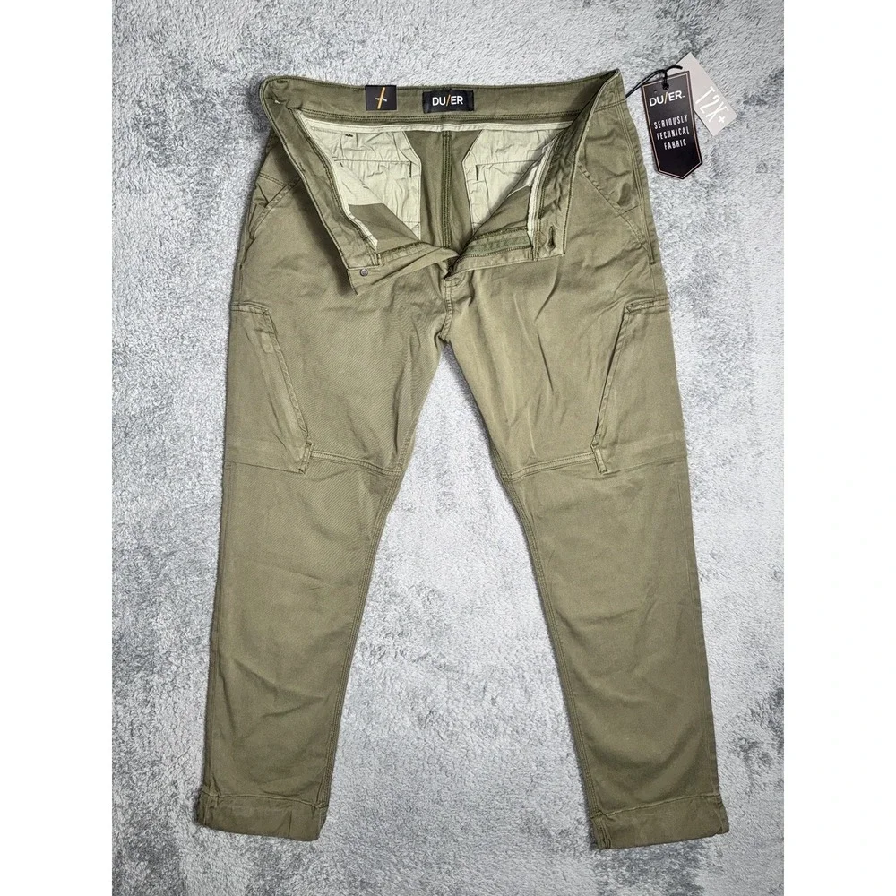 DU/ER Men's 38x30 Live Free Adventure Pants Loden Green Cargo Technical Fabric